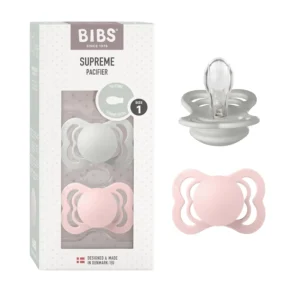 Two BIBS pacifiers in haze and blossom colors, made of natural rubber latex, designed for newborns and babies 0-6 months, promoting self-soothing and mimicking the feel of breastfeeding.