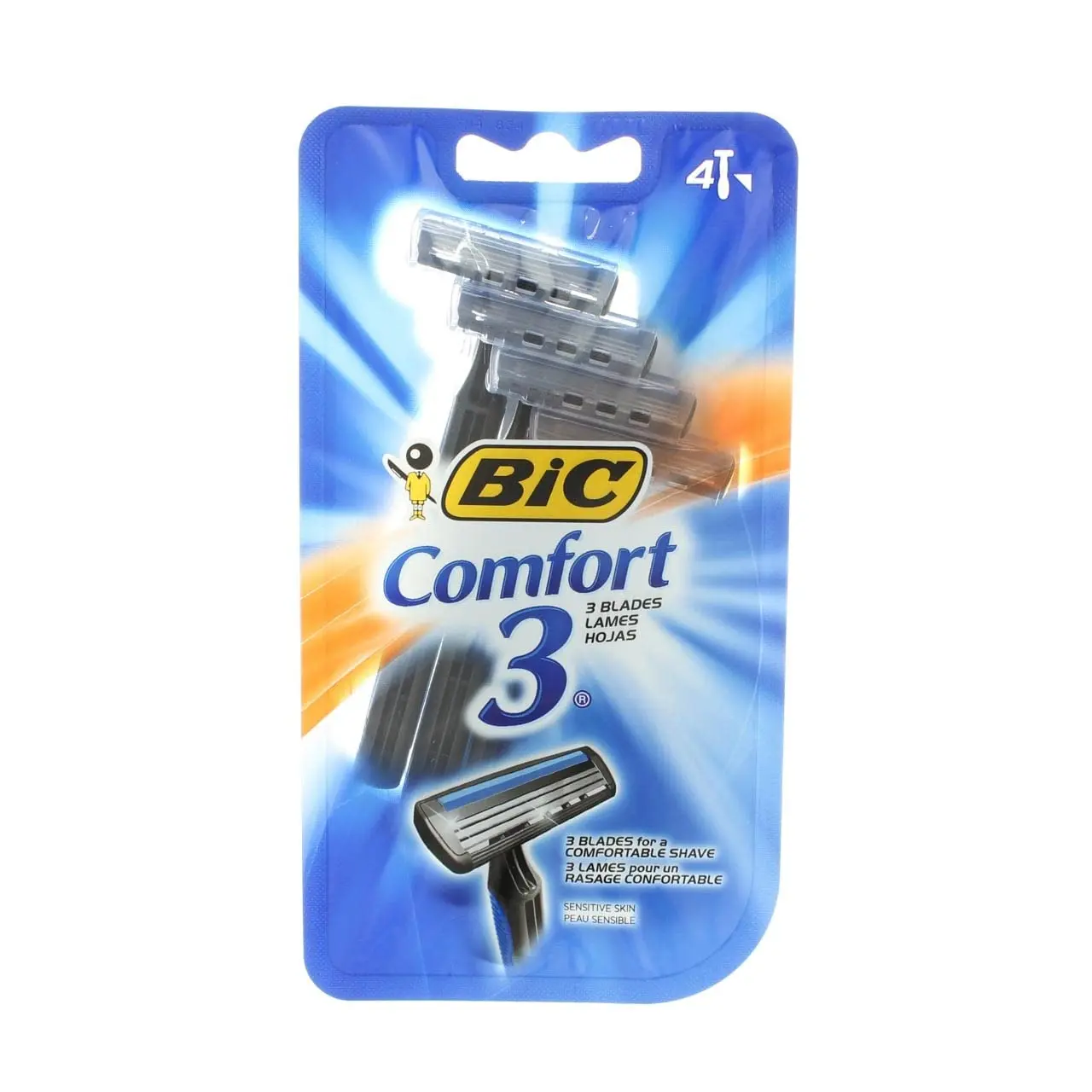 Bic Comfort 3 men's razors with triple blades, aloe, vitamin E, and dual moisturizer strips for a comfortable shave.