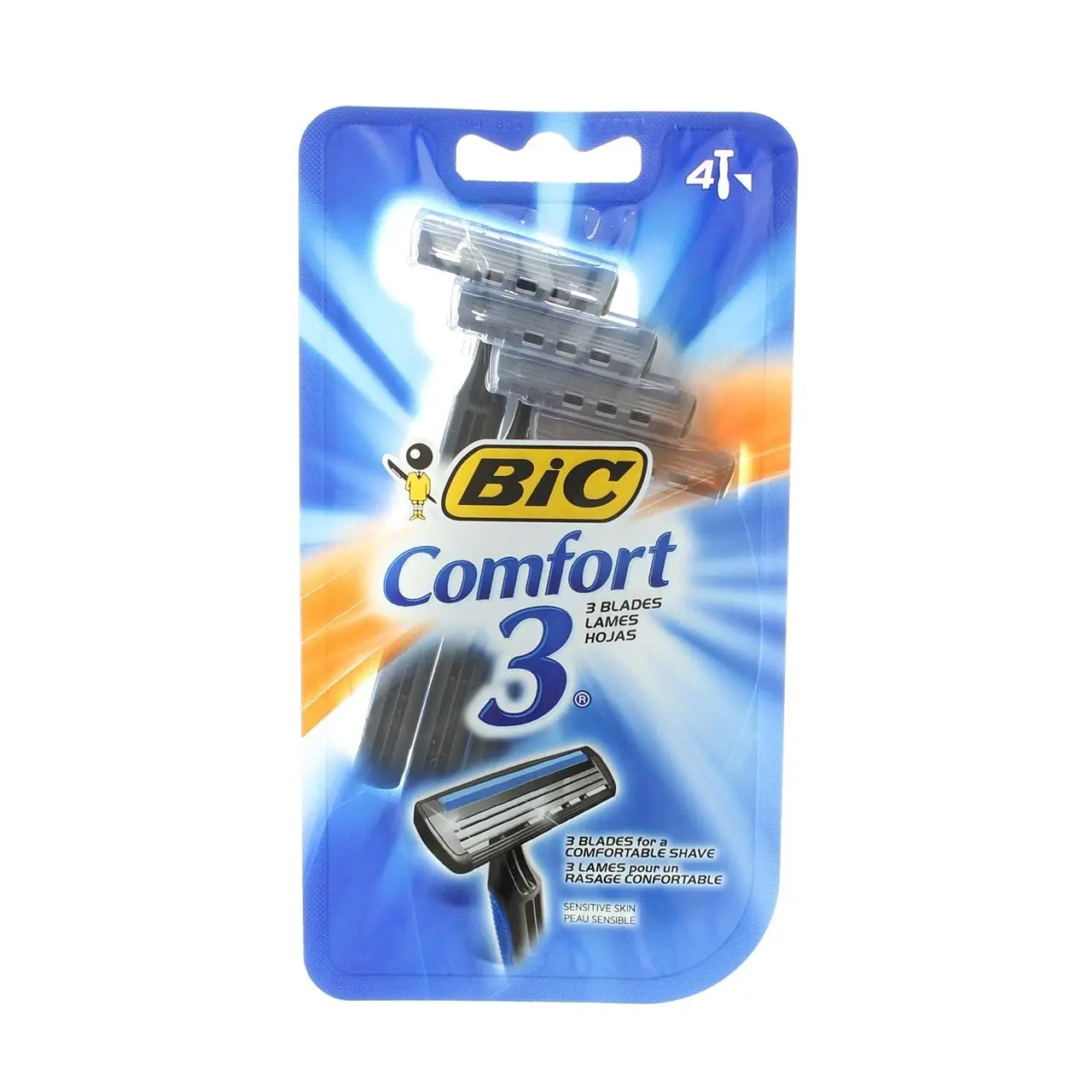 Bic Comfort 3 men's razors with triple blades, aloe, vitamin E, and dual moisturizer strips for a comfortable shave.