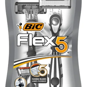 This pack contains two Bic Flex 5 razors for men, each with five flexible nano-tech blades for an ultra-close and comfortable shave, featuring lubricating strips with aloe and ergonomic handles.