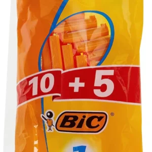 This image displays a pack of 15 Bic One Blade disposable razors for men, each featuring a single stainless steel blade for a simple and clean shave.