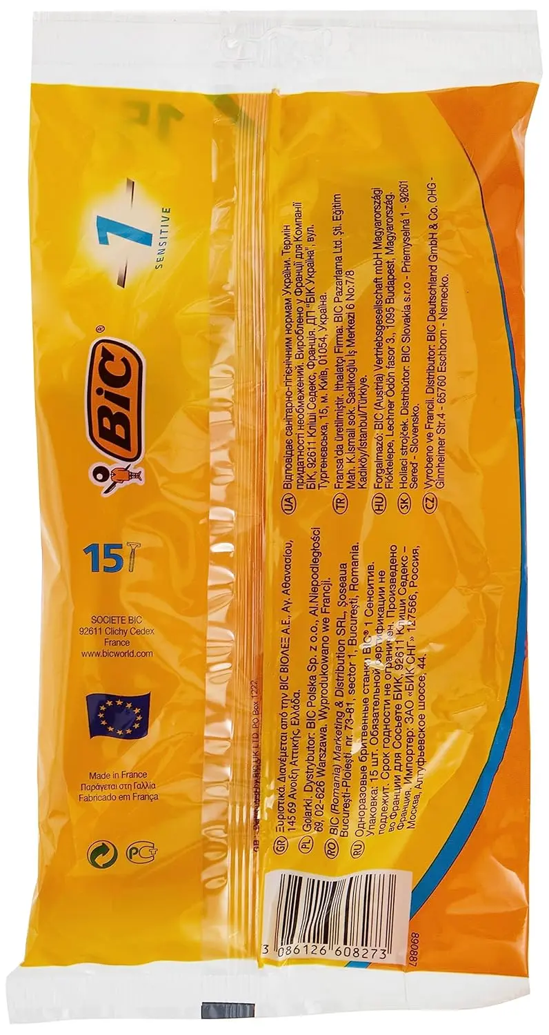 This image displays a pack of 15 Bic One Blade disposable razors for men, each featuring a single stainless steel blade for a simple and clean shave.