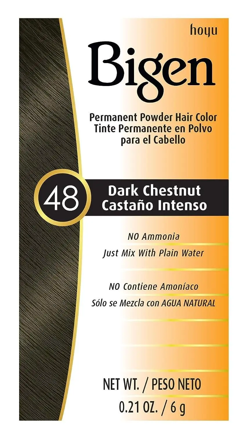 A pack of Bigen Dark Chestnut 48 hair color powder, a unique formula that is safe for all hair types because it doesn't contain ammonia or peroxide.