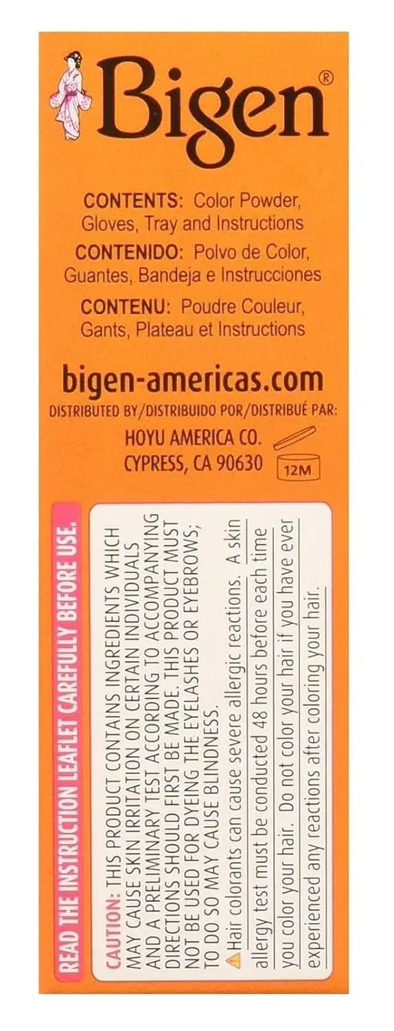 A pack of Bigen Dark Chestnut 48 hair color powder, a unique formula that is safe for all hair types because it doesn't contain ammonia or peroxide.