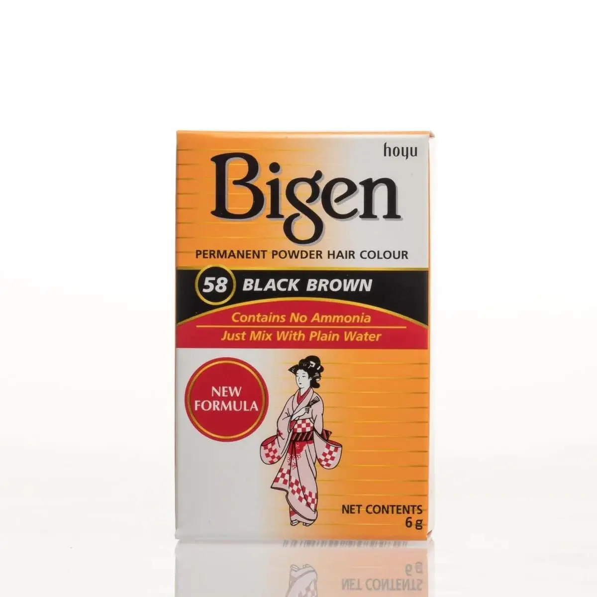 A pack of Bigen Dark Chestnut 48 hair color powder, a unique formula that is safe for all hair types because it doesn't contain ammonia or peroxide.