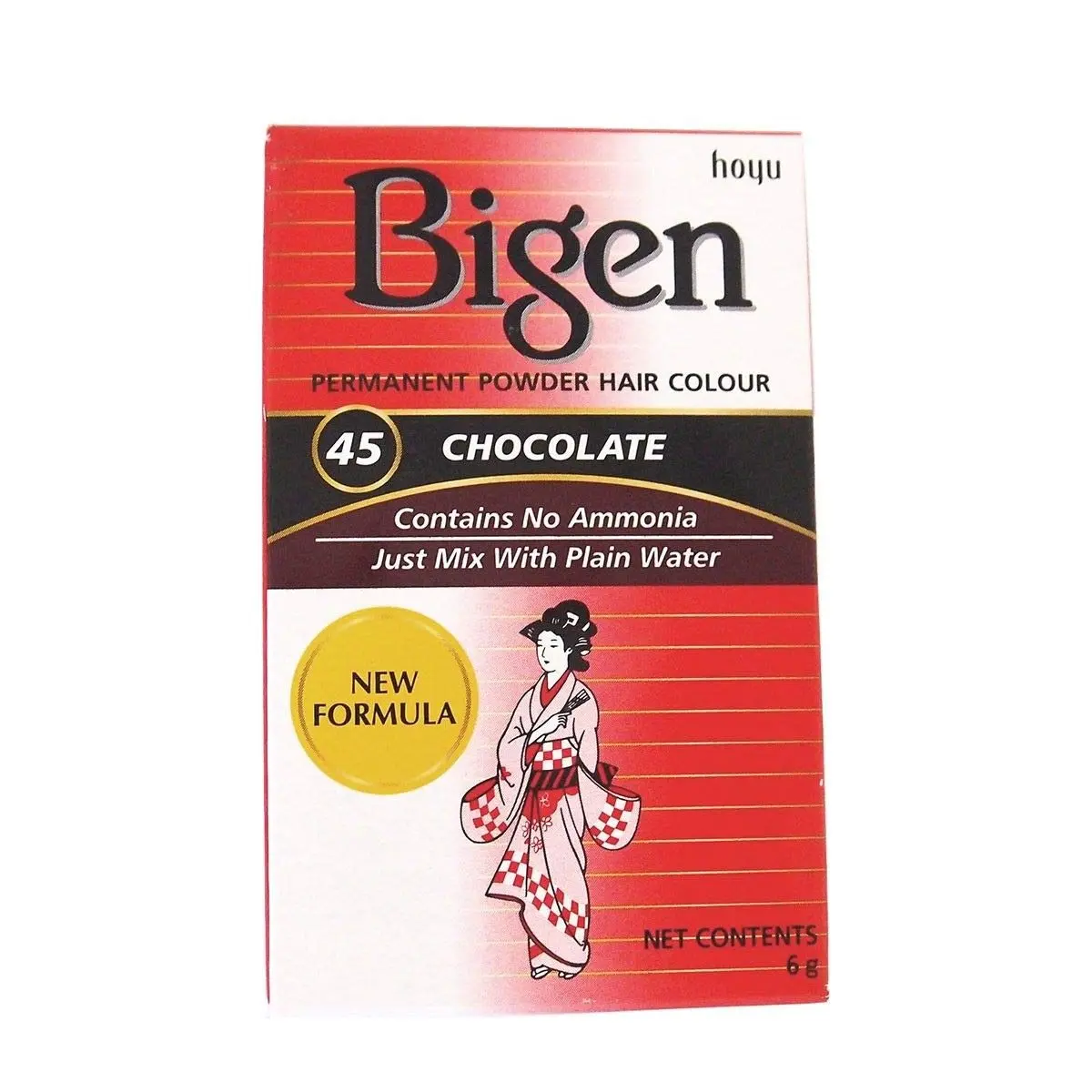 A pack of Bigen Dark Chestnut 48 hair color powder, a unique formula that is safe for all hair types because it doesn't contain ammonia or peroxide.