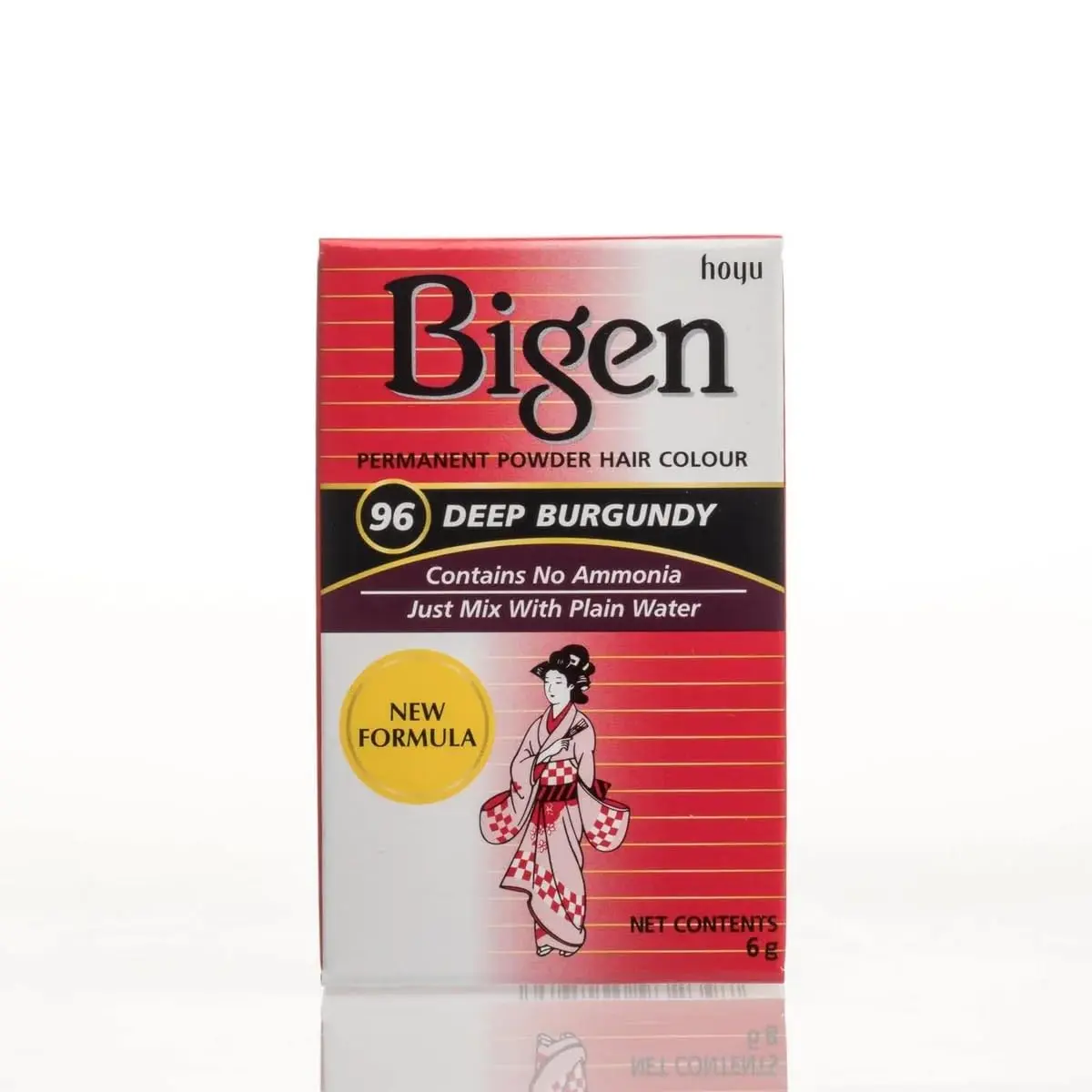 A pack of Bigen Dark Chestnut 48 hair color powder, a unique formula that is safe for all hair types because it doesn't contain ammonia or peroxide.