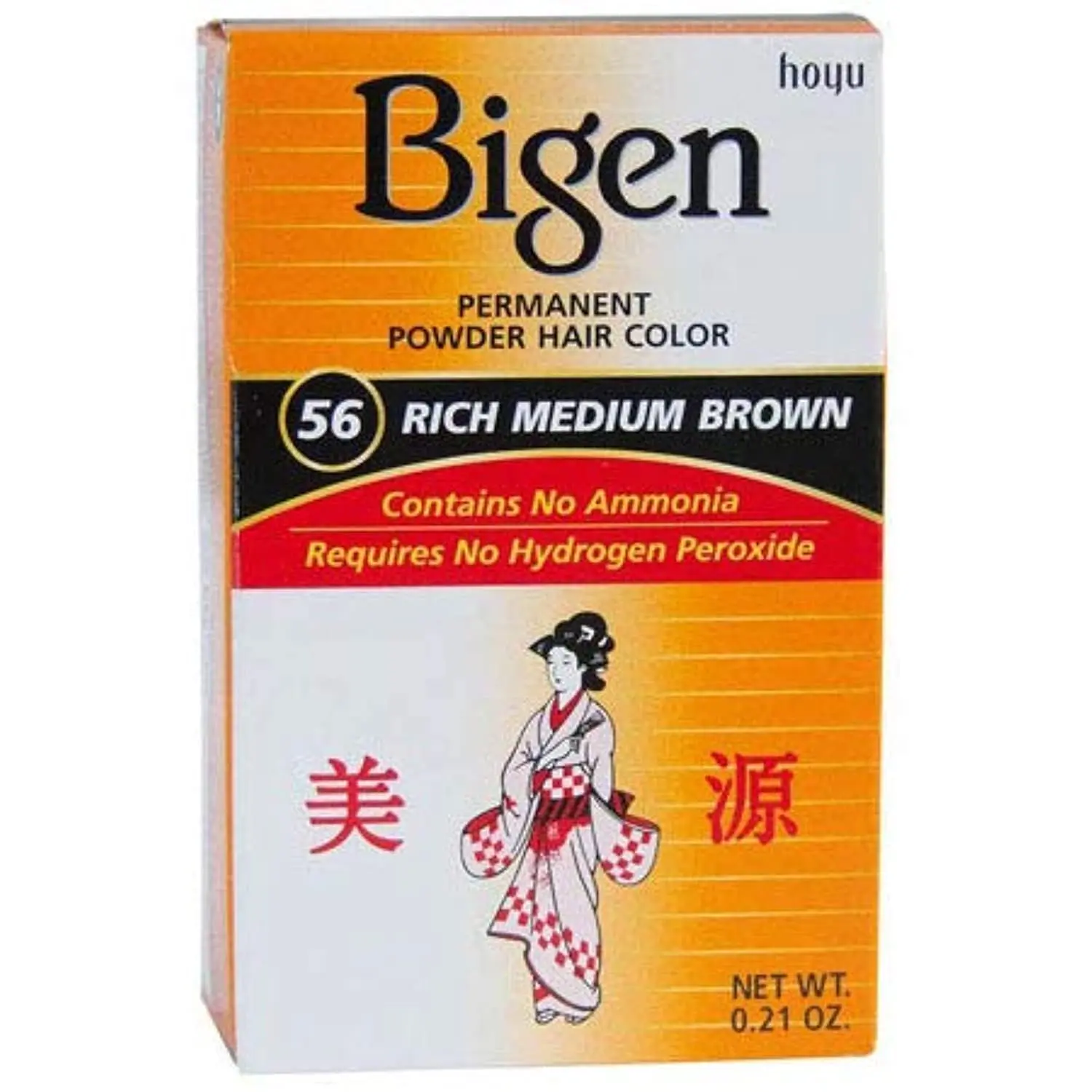 A pack of Bigen Dark Chestnut 48 hair color powder, a unique formula that is safe for all hair types because it doesn't contain ammonia or peroxide.