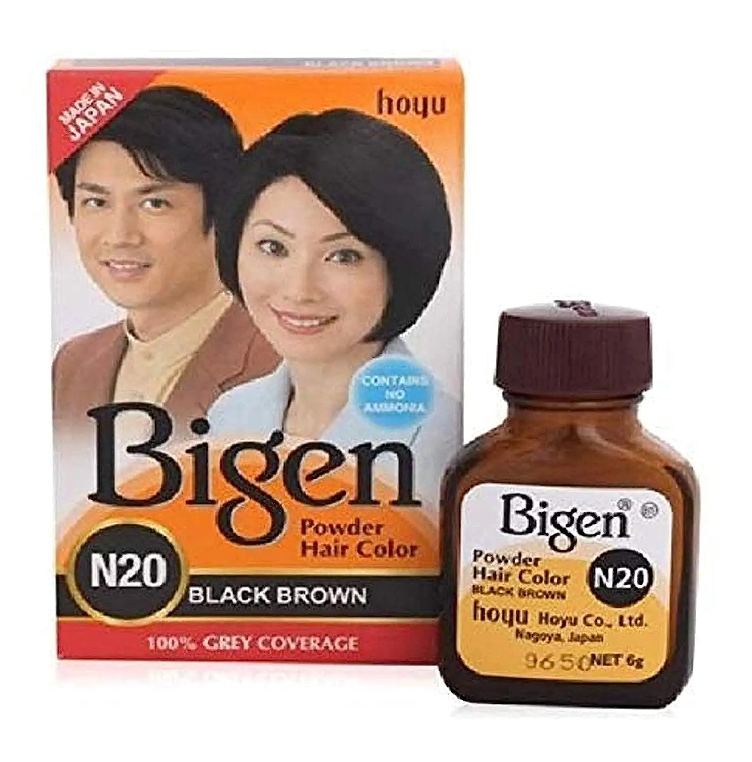 A pack of Bigen Dark Chestnut 48 hair color powder, a unique formula that is safe for all hair types because it doesn't contain ammonia or peroxide.