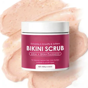 This bikini exfoliator scrub with AHA, BHA, and turmeric gently removes dead skin cells and moisturizes to prevent ingrown hairs and razor bumps on the bikini area, underarms, and other delicate areas.