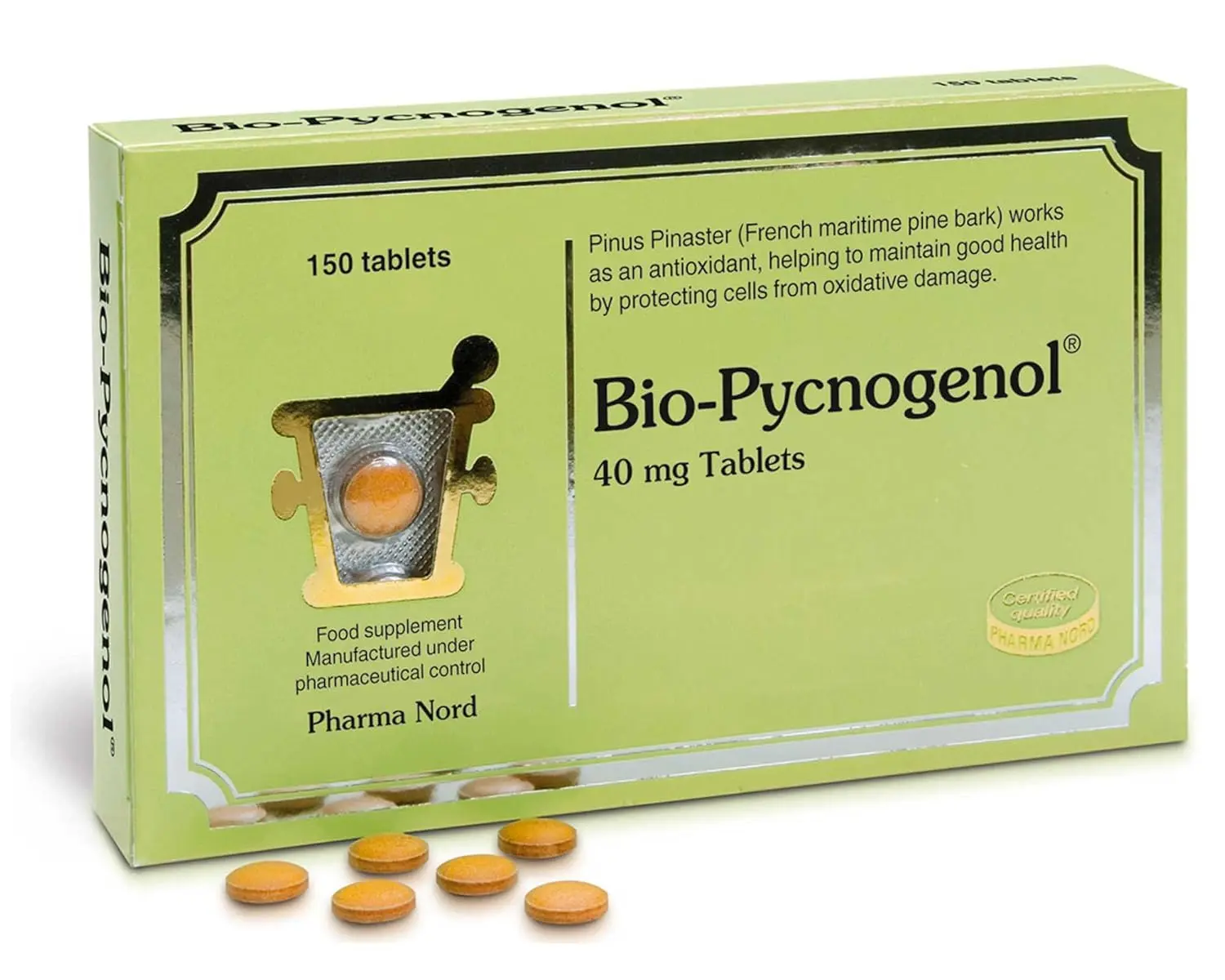 Pharma Nord Bio-Pycnogenol tablets provide a potent antioxidant derived from maritime pine bark extract, supporting capillary health, inhibiting cholesterol oxidation, and helping to reduce inflammation and allergy reactions.