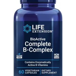 Life Extension Bioactive Complete B-Complex supplement supports heart, brain, nerve health, and energy production with a comprehensive blend of B vitamins in easy-to-absorb vegetarian capsules.