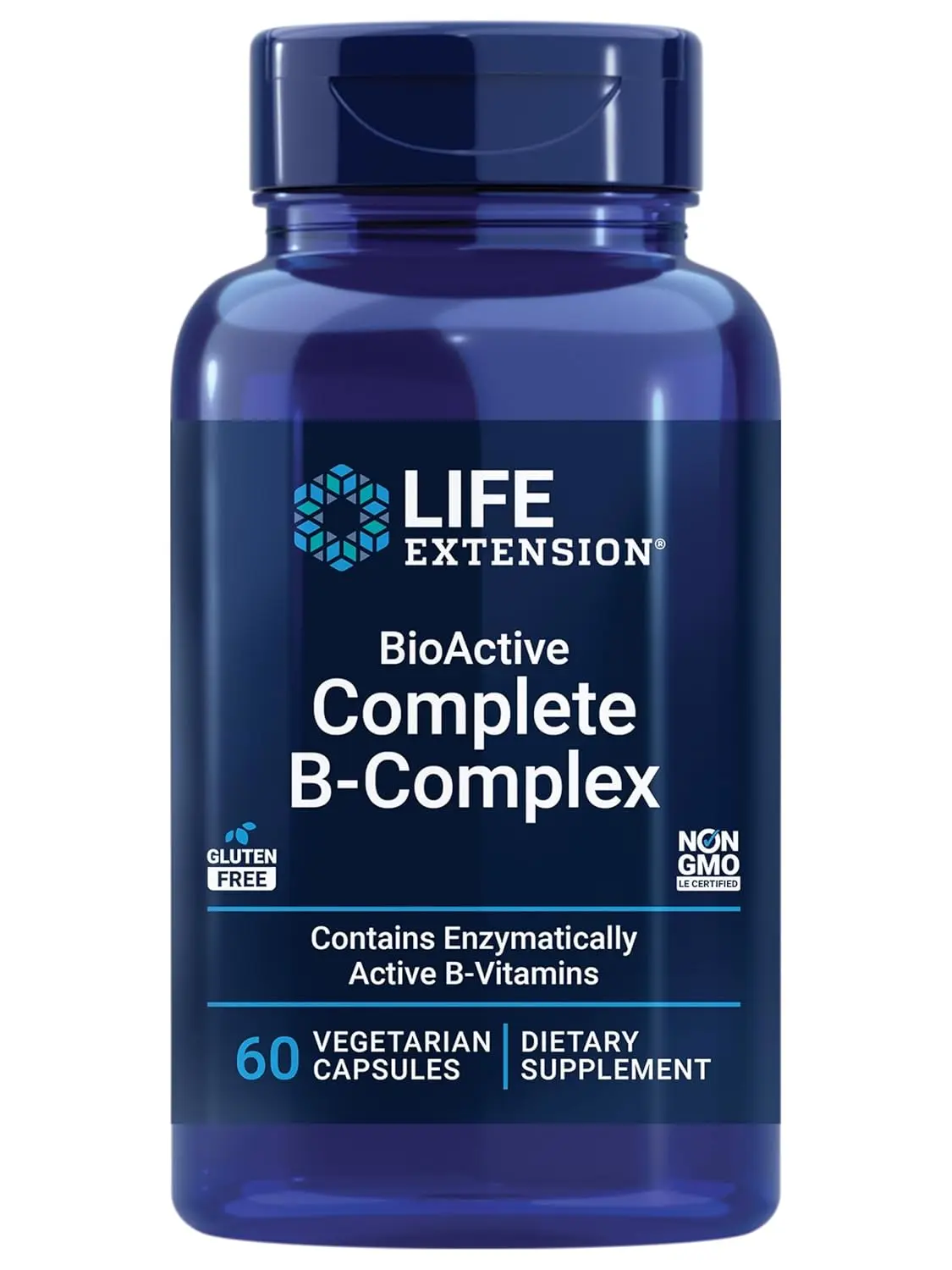 Life Extension Bioactive Complete B-Complex supplement supports heart, brain, nerve health, and energy production with a comprehensive blend of B vitamins in easy-to-absorb vegetarian capsules.