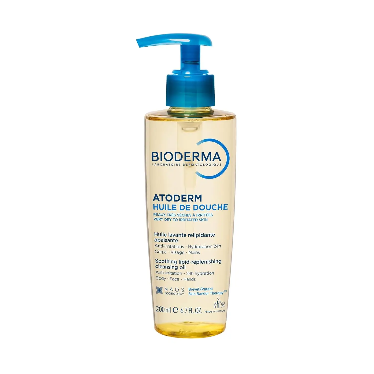 Bioderma Atoderm Huile De Douche cleansing oil intensely nourishes, soothes irritation, restores lipids, and respects sensitive, dry, or atopic skin, leaving it satin smooth and ultra comfortable.