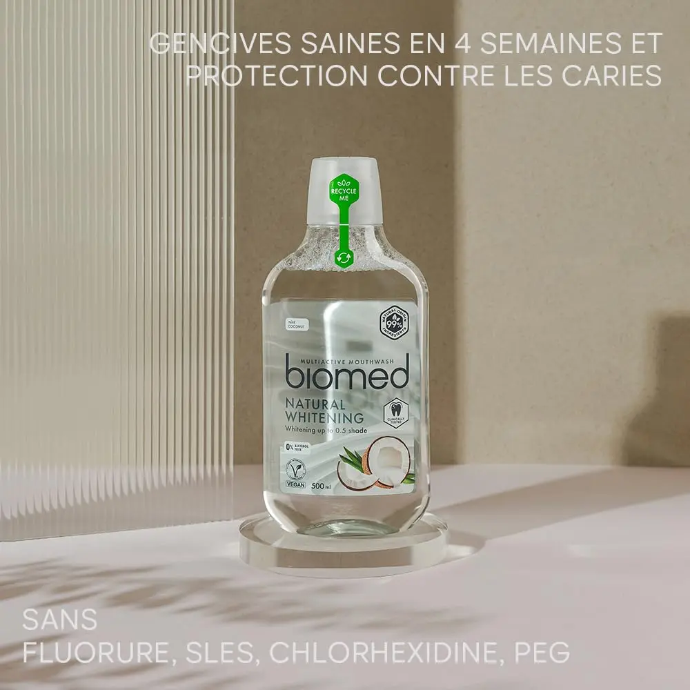 Biomed Superwhite natural coconut mouthwash gently whitens teeth, freshens breath, and protects gums with plant extracts and essential oils.