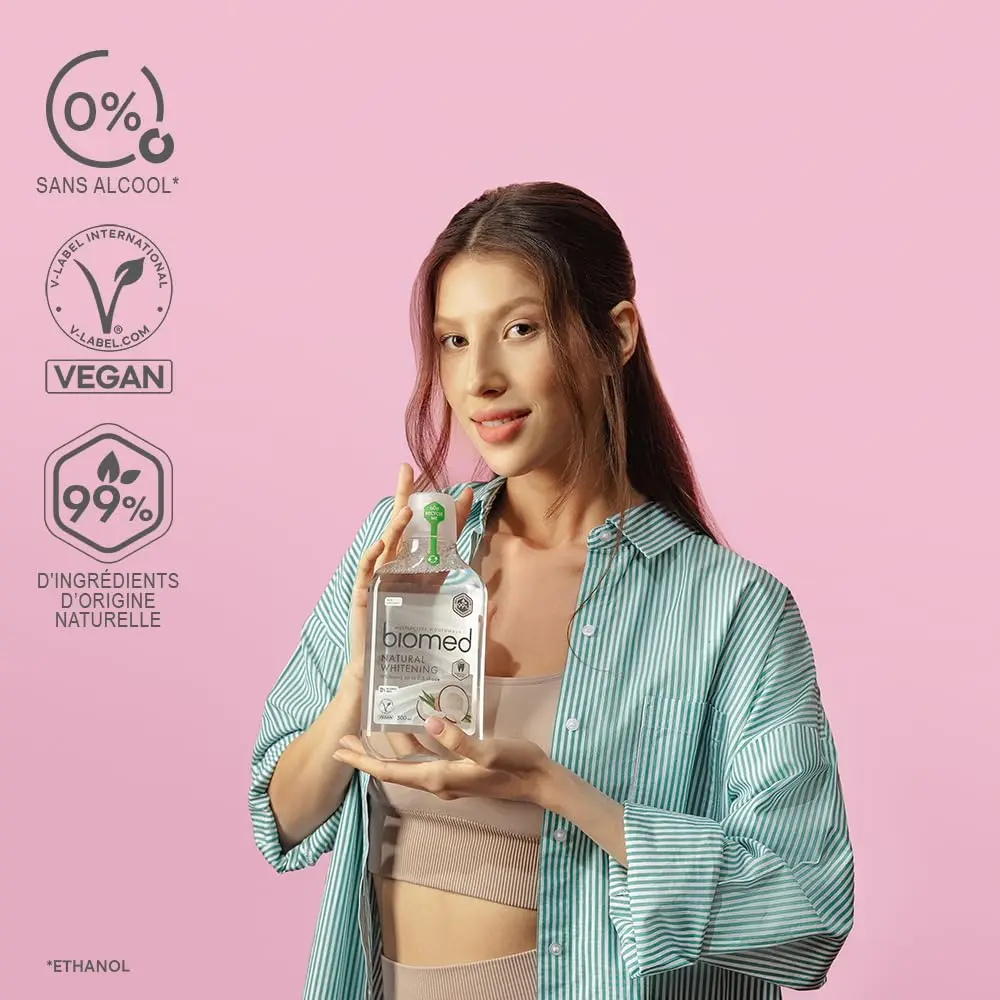 Biomed Superwhite natural coconut mouthwash gently whitens teeth, freshens breath, and protects gums with plant extracts and essential oils.