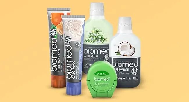 Biomed Superwhite natural coconut mouthwash gently whitens teeth, freshens breath, and protects gums with plant extracts and essential oils.