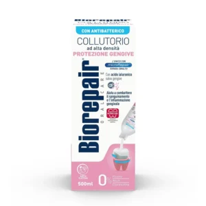 Biorepair Collutorio mouthwash in Italian packaging provides immediate relief and hydration to gums, prevents cavities, tartar and plaque without fluoride, alcohol or chlorhexidine.