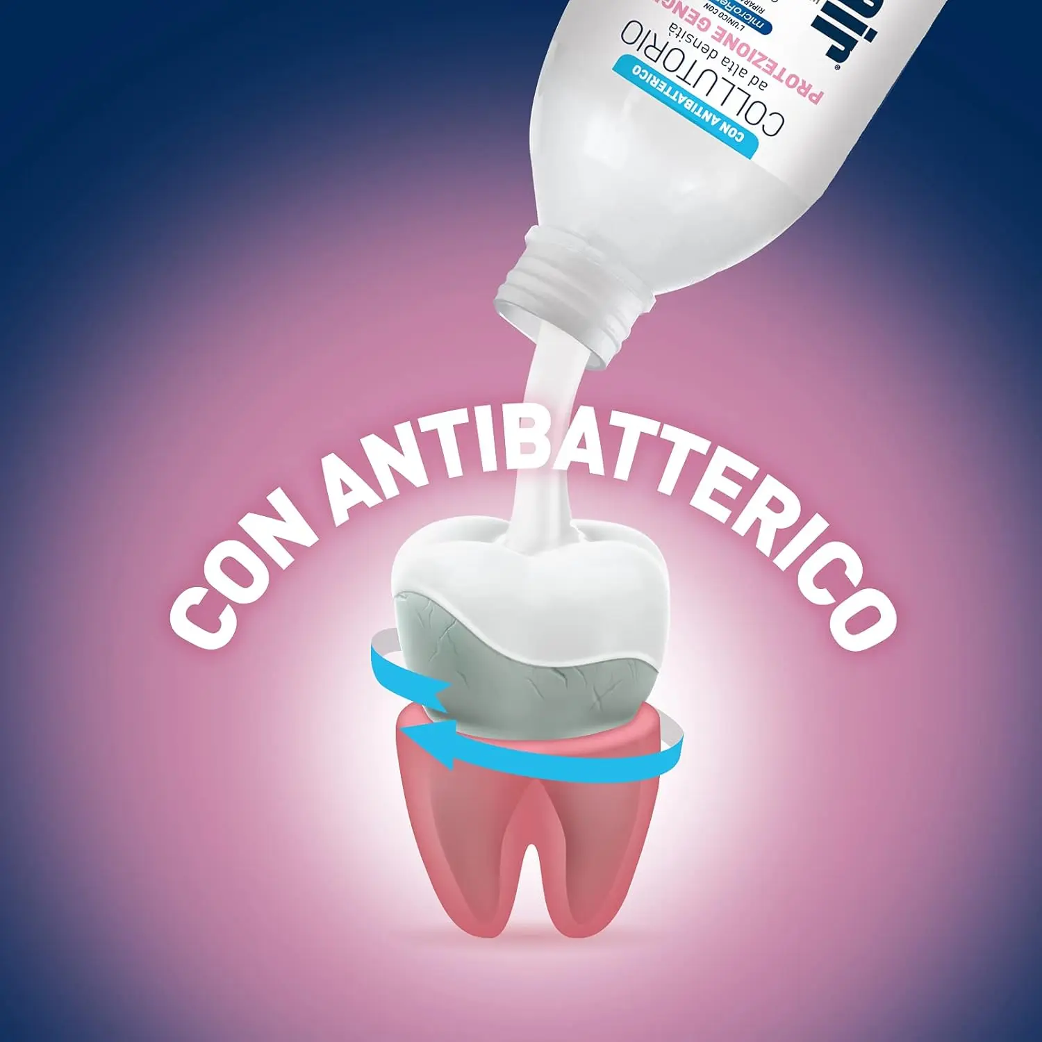 Biorepair Collutorio mouthwash in Italian packaging provides immediate relief and hydration to gums, prevents cavities, tartar and plaque without fluoride, alcohol or chlorhexidine.