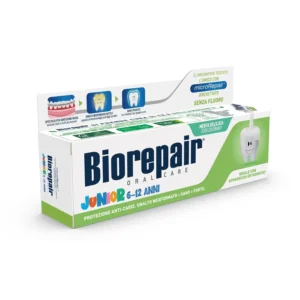 Biorepair Junior toothpaste for children aged 7-14, featuring microrepair technology to remineralize enamel and protect against cavities with a refreshing mint flavor in a 75ml tube.