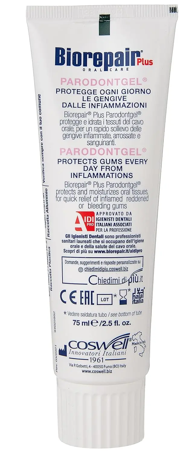 Biorepair Parodontgel toothpaste protects gums from inflammation with its innovative, SLS, paraben, and fluoride-free formula, containing microRepair for enamel repair.