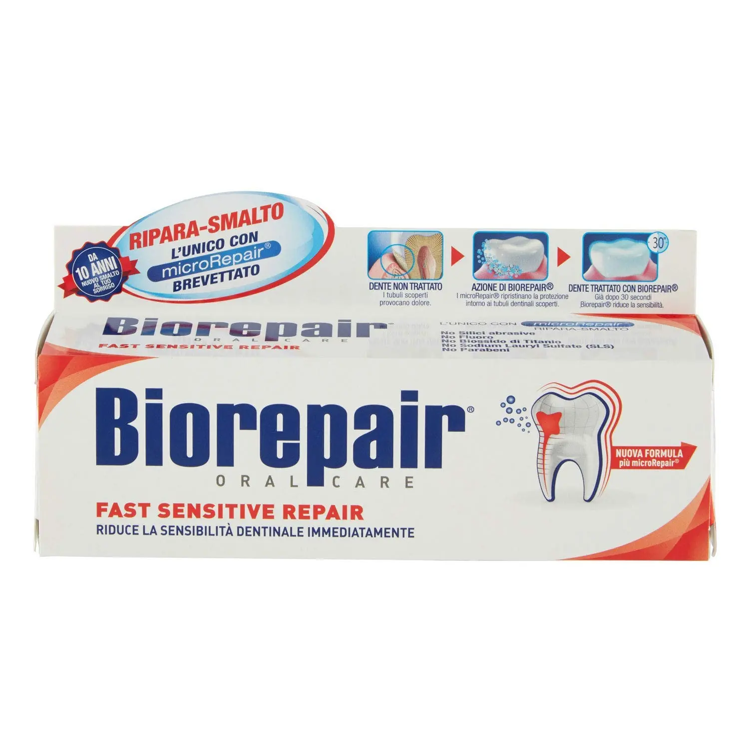 Biorepair Fast Sensitive Repair toothpaste with microRepair, protects against plaque and cavities, fluoride and SLS free.