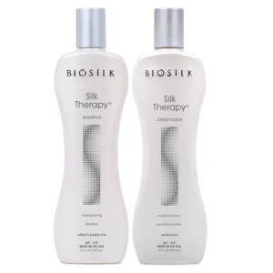 BIOSILK Silk Therapy shampoo and conditioner set repairs, smooths, and protects all hair types, adding incredible shine with silk proteins.