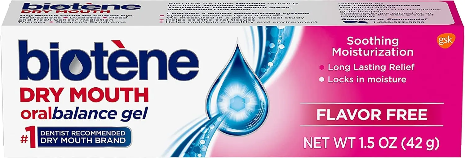 Three tubes of Biotène Oral Balance moisturizing gel designed to soothe dry mouth symptoms.