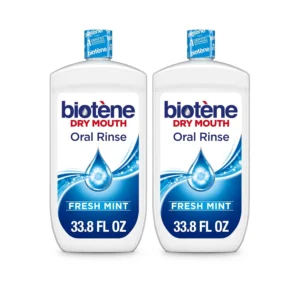 Two-pack of Biotene Fresh Mint mouthwash provides relief from dry mouth symptoms, freshens breath, and helps maintain a balanced pH.