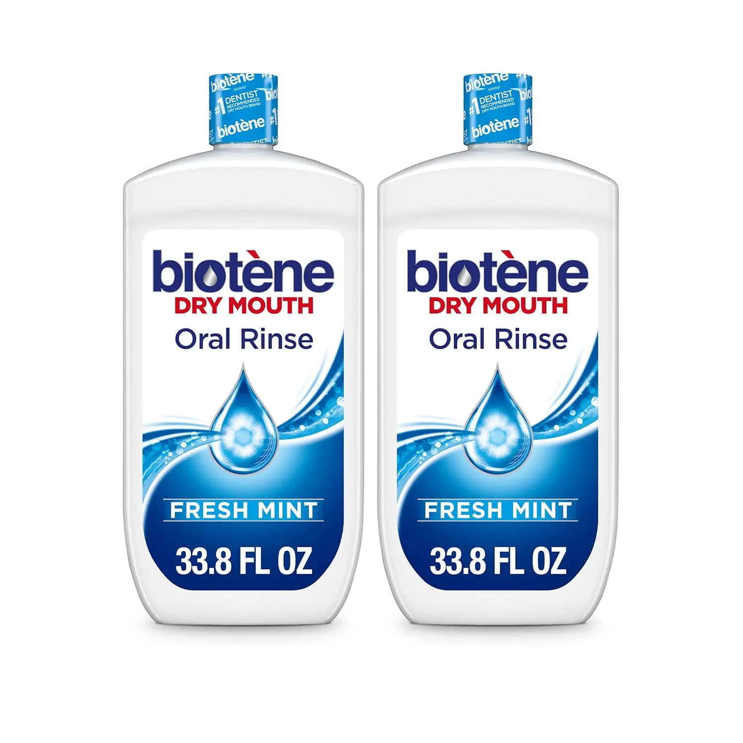 Two-pack of Biotene Fresh Mint mouthwash provides relief from dry mouth symptoms, freshens breath, and helps maintain a balanced pH.