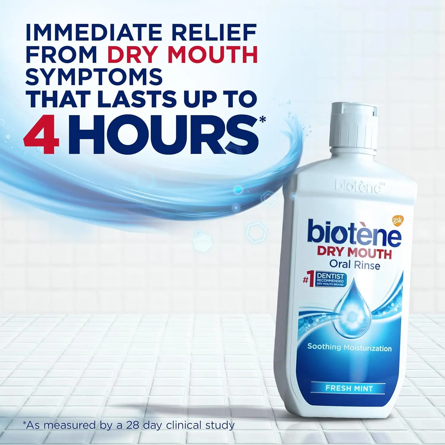 Two-pack of Biotene Fresh Mint mouthwash provides relief from dry mouth symptoms, freshens breath, and helps maintain a balanced pH.