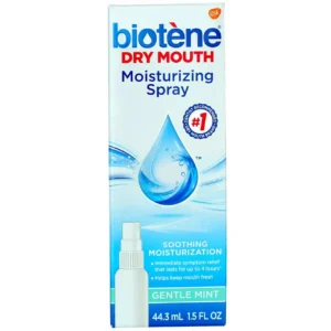 Three bottles of biotène Gentle Mint mouth spray provide moisturizing relief from dry mouth symptoms and bad breath on the go.