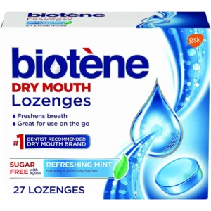 A package of 27 sugar-free Biotene lozenges for dry mouth relief.