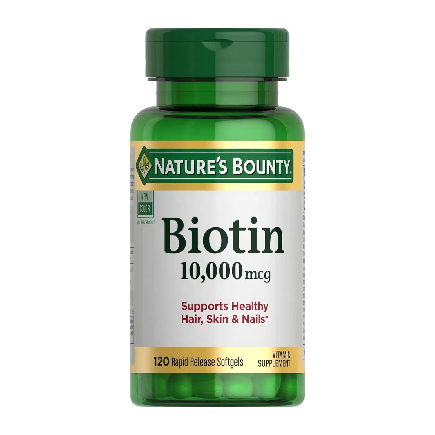 Nature's Bounty Biotin 10000 mcg softgels, a vitamin supplement to support healthy hair, skin, and nails, with 120 rapid release, non-vegetarian soft gels per bottle.