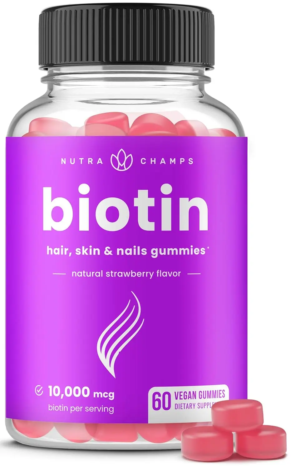 NutraChamps vegan biotin gummies provide a high potency dose of 10,000 mcg to support healthy hair, skin, and nails for both adults and children.
