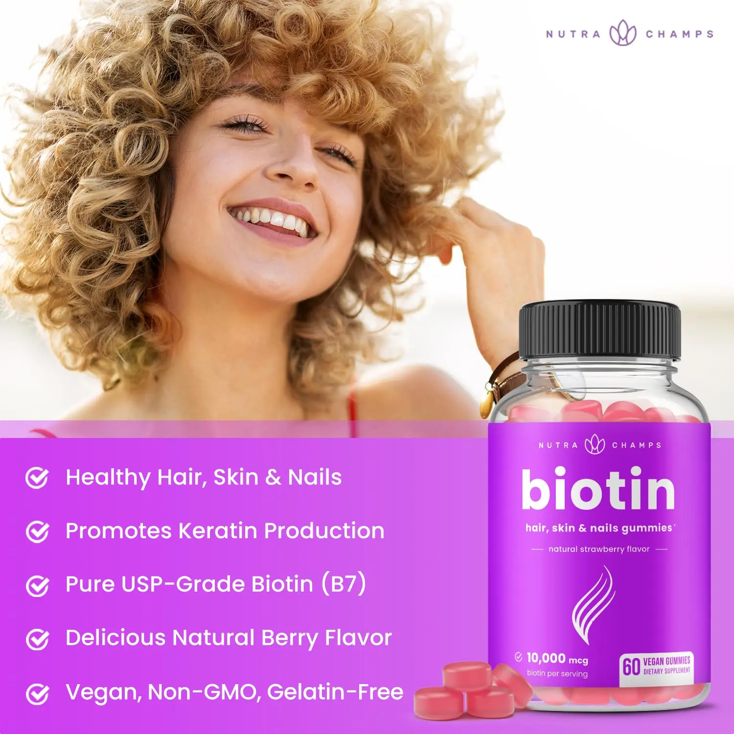 NutraChamps vegan biotin gummies provide a high potency dose of 10,000 mcg to support healthy hair, skin, and nails for both adults and children.