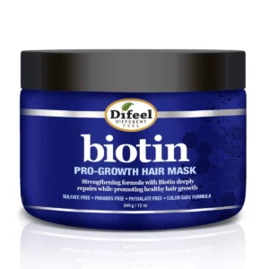A jar of Difeel Pro-Growth Biotin Hair Mask designed to strengthen hair and promote healthy hair growth, repairing dry and damaged hair.