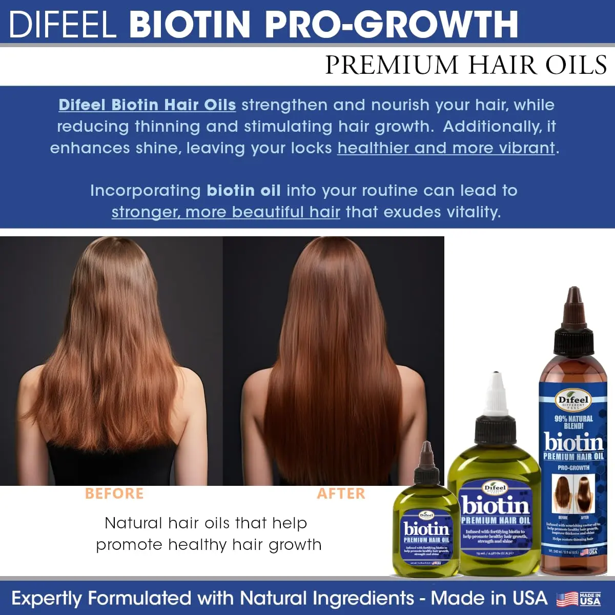 Difeel biotin hair oil promotes healthy hair growth and improves strength and shine.
