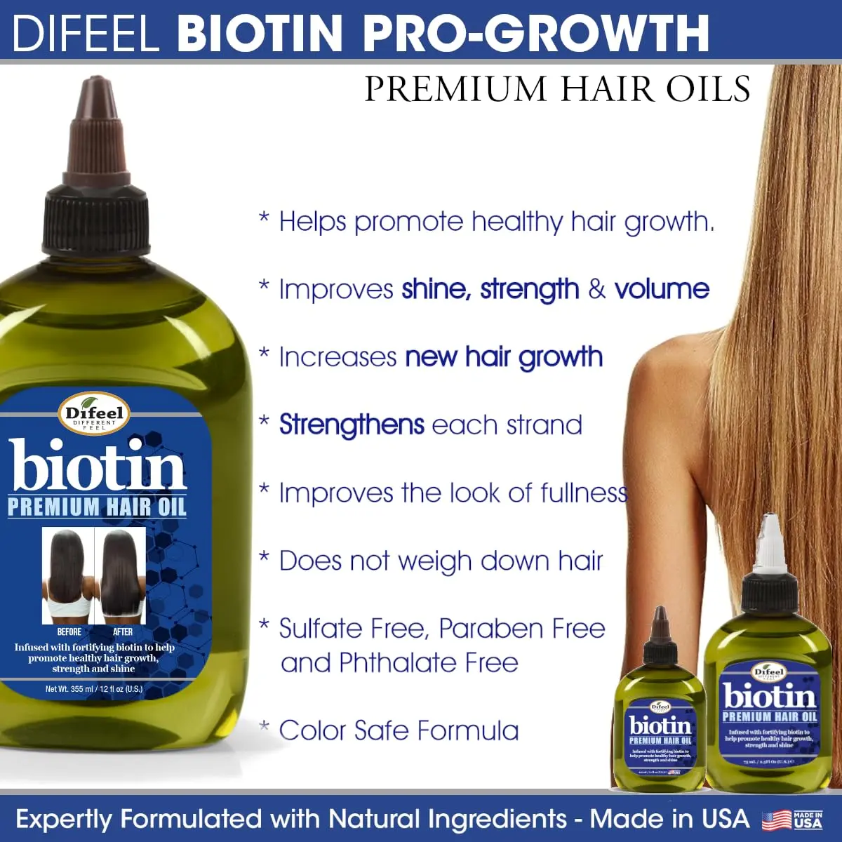 Difeel biotin hair oil promotes healthy hair growth and improves strength and shine.