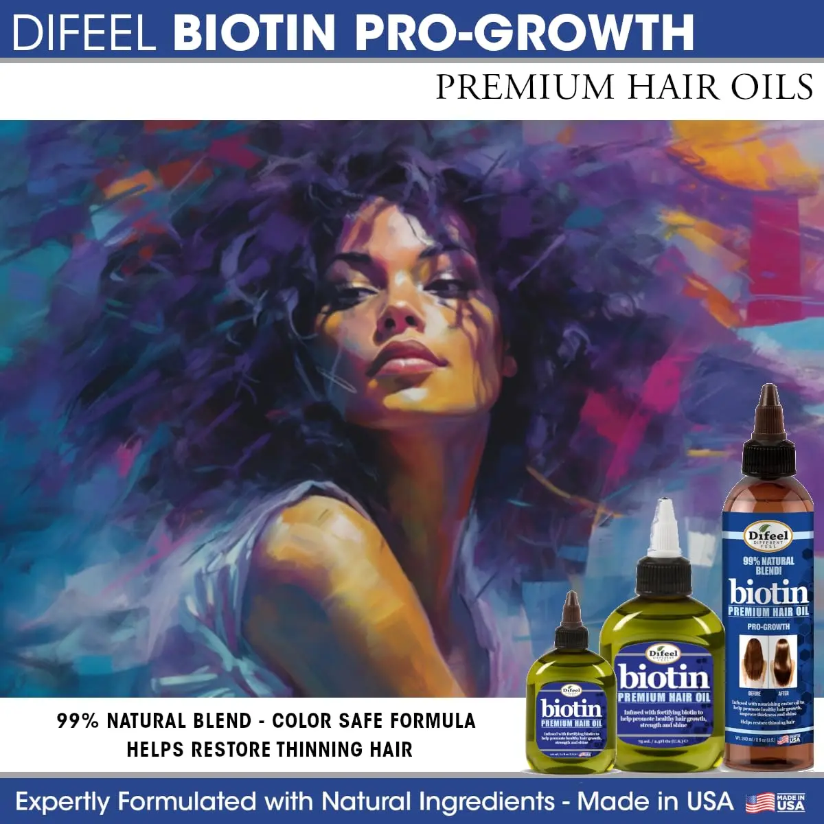 Difeel biotin hair oil promotes healthy hair growth and improves strength and shine.