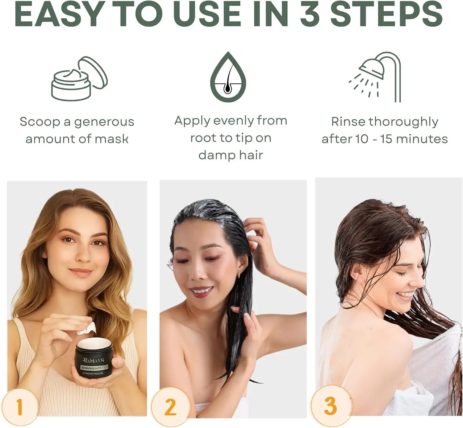 Deep conditioning hair mask infused with biotin and rosemary to repair dry, damaged hair, reduce frizz, and promote a healthy scalp.