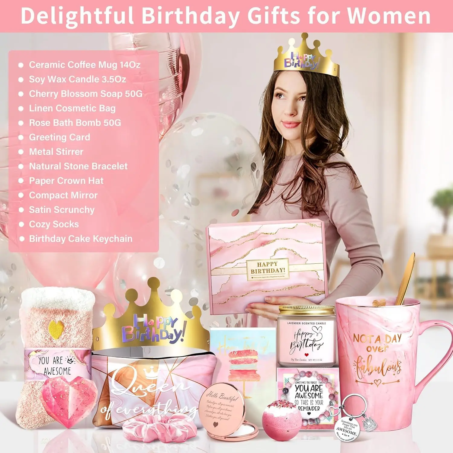 This 12-piece pink birthday gift set for women includes a marble mug, bath bomb, scented candle, makeup bag, jewelry, and more self-care items for a relaxing spa experience.