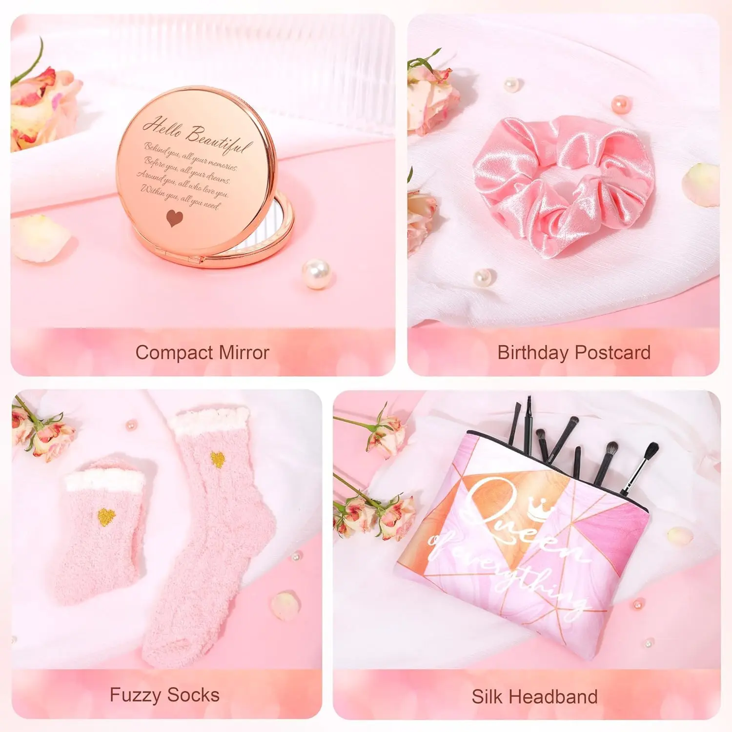 This 12-piece pink birthday gift set for women includes a marble mug, bath bomb, scented candle, makeup bag, jewelry, and more self-care items for a relaxing spa experience.