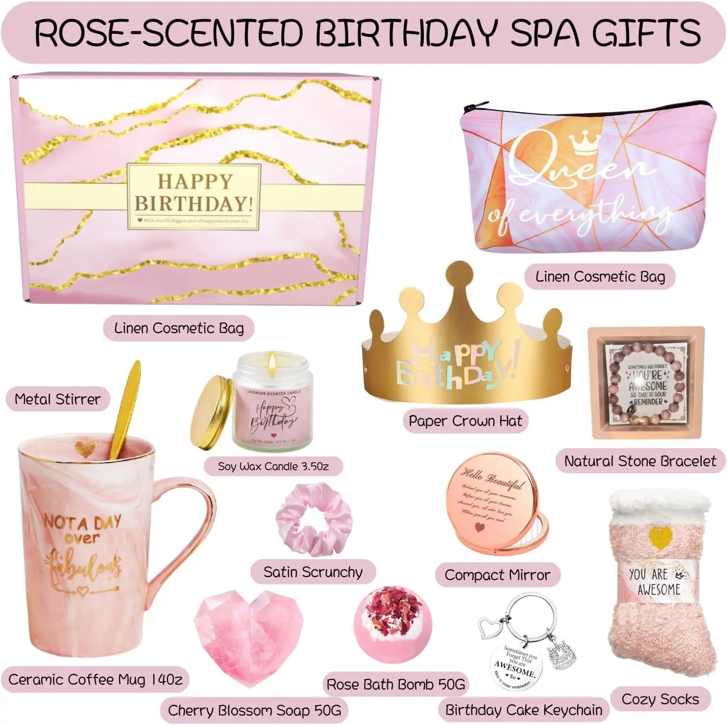 This 12-piece pink birthday gift set for women includes a marble mug, bath bomb, scented candle, makeup bag, jewelry, and more self-care items for a relaxing spa experience.