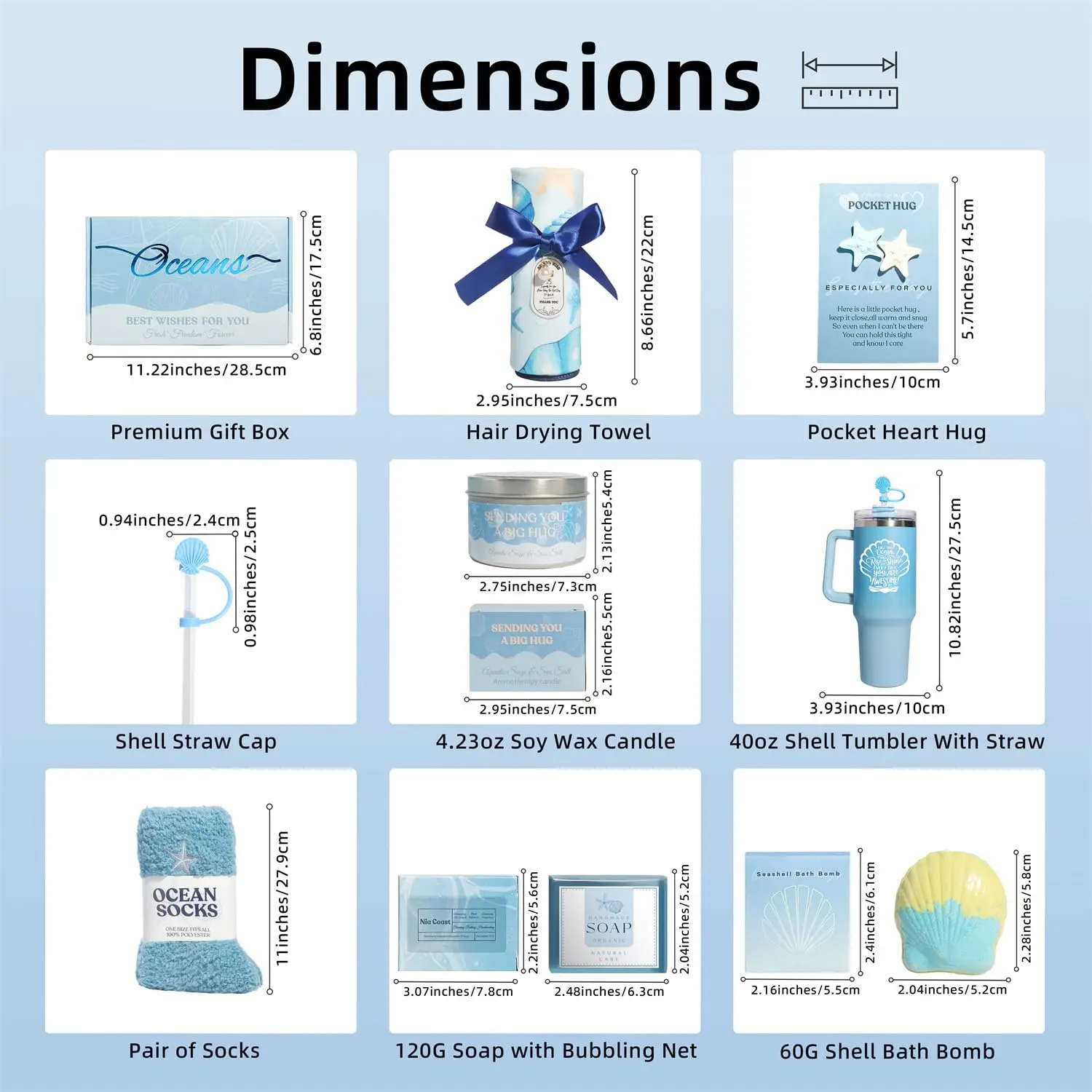 This blue ocean themed spa gift set for women includes a candle, blanket, tumbler, and bath products, perfect for birthdays and self-care.