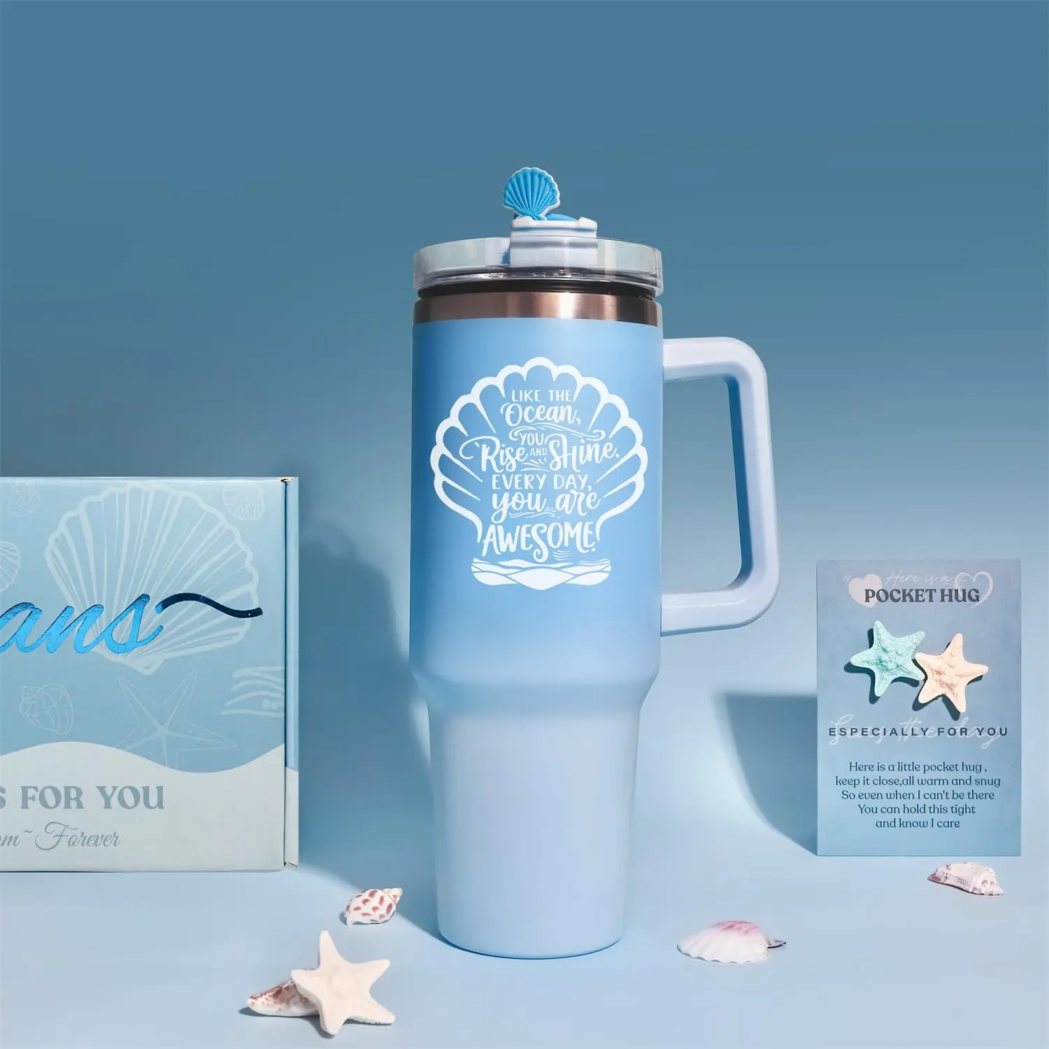 This blue ocean themed spa gift set for women includes a candle, blanket, tumbler, and bath products, perfect for birthdays and self-care.