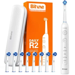 White Bitvae R2 rotating electric toothbrush with eight replacement brush heads for superior plaque removal and long battery life.