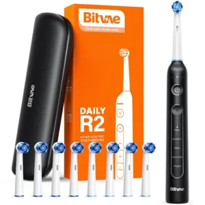 Black Bitvae R2 rotating electric toothbrush for adults with 8 replacement brush heads and long-lasting 30-day battery life.