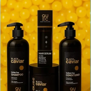 Complete black caviar hair care set with sulfate-free shampoo, conditioner, and serum for nourishing and revitalising hair.