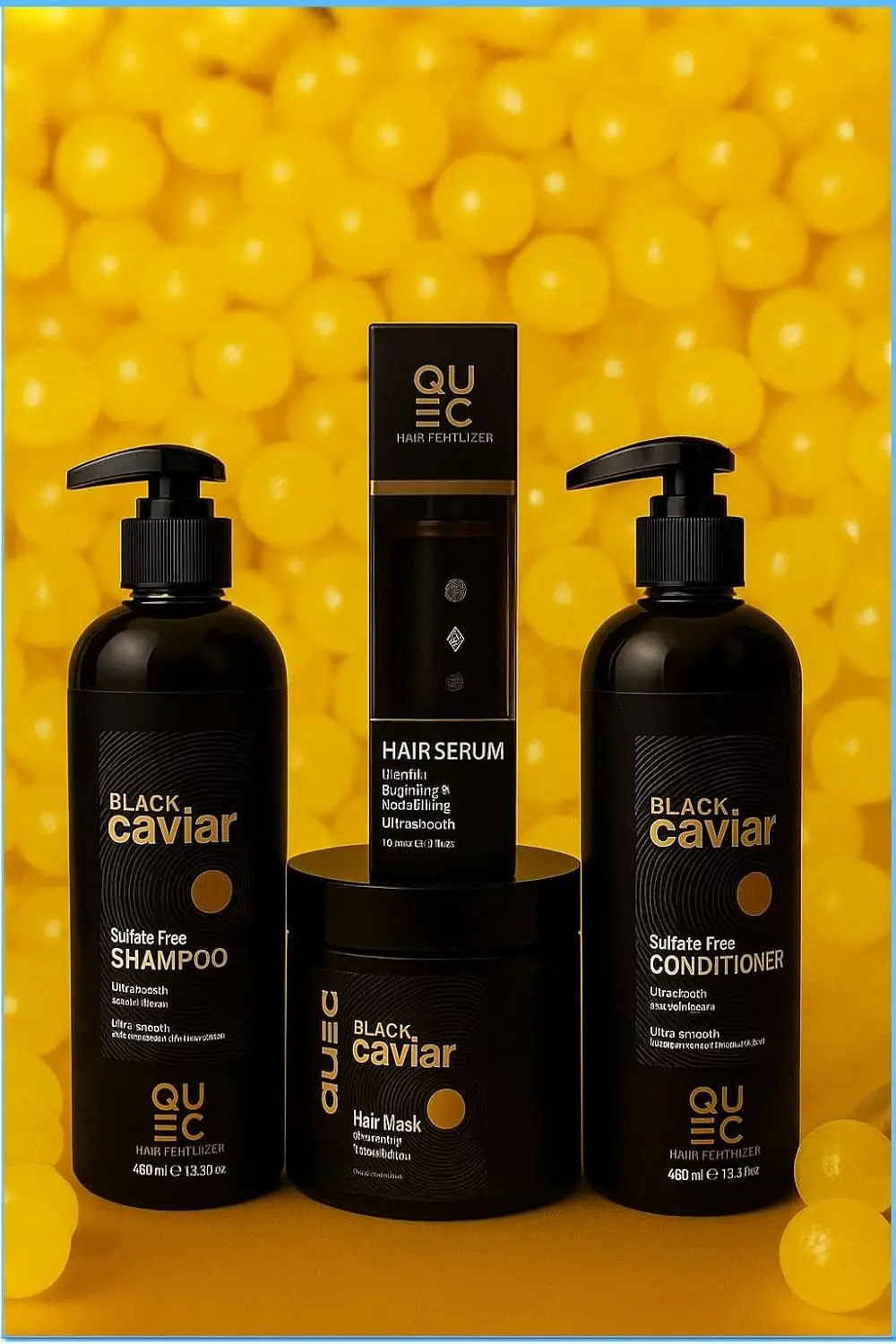 Complete black caviar hair care set with sulfate-free shampoo, conditioner, and serum for nourishing and revitalising hair.